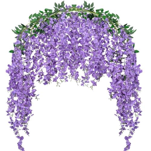 Image of Fezaphy 30 Branches Wisteria Artificial Flower Garlands Purple Wisteria Hanging Flower Faux Vine Flowers for Wedding Arch Party Ceremony Wall Backdrop Decoration (2 Pack-6FT)