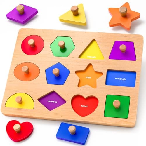 Image of Wooden Shape Peg Puzzles for Toddlers 1 2 3 Year Old Boys Girls Gifts: Shape Sorter & Color Match Baby Puzzles 12-18-24 Months - Montessori Toys for 1 2 3 Year Old Toddler Learning Activities
