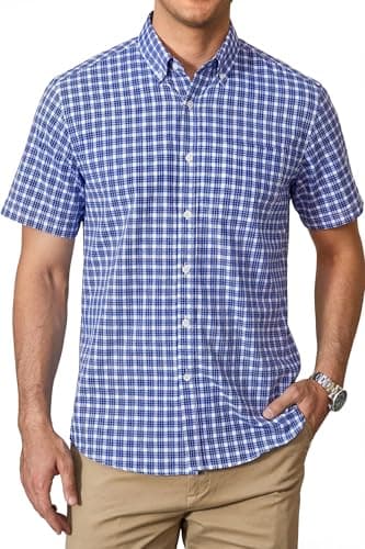 Image of HISDERN Mens Blue Checked Shirt Short Sleeve Casual Business Button Down Plaid Shirts for Mens Gingham Summer Formal Work with Pocket Regular Fit L