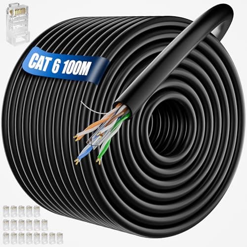 Image of Outdoor Ethernet Cable 100m, Bulk Long Internet Cable 100m Cat 6, 23AWG High Speed Network Cable 1000Mbps 250MHz, Weatherproof Installation LAN Cable CCA UTP Gigabit Black, for Router Switch Modem PC