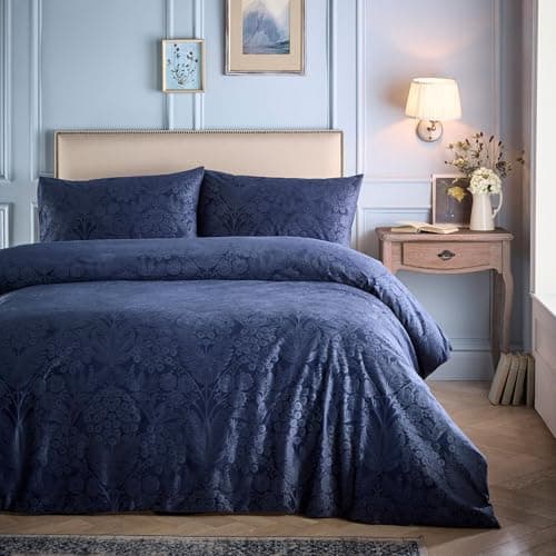 Image of Appletree - Navy Floral Embossed Duvet Cover - Double Bedding Size (200 x 200cm) - Soft Velvet Bedding in Blue - 2 Pillowcases - Engraved Floral Flowed Duvet Cover - Velvet Blue Bedding