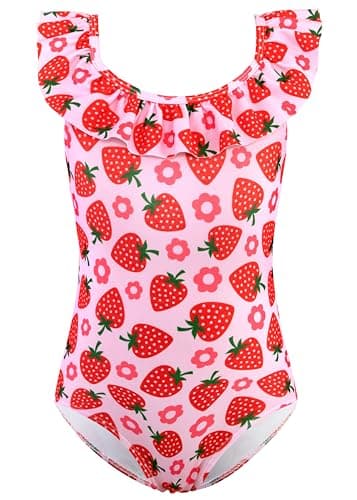 Image of XiaoMoSha Girls Swimming Costume One Piece Swimsuit with Adjustable Straps Breathable Quick Dry Beach Swimwear, CuteStrawberry, 6-8 Years