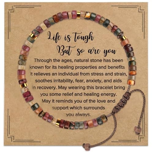 Image of Healing Bracelets for Women,Inspirational Gifts for Women with "Life Is Tough But So Are You" Message Card,Natural Stone Anxiety Relief Bracelet for Best Friends Sister Get Well Soon Encouragement