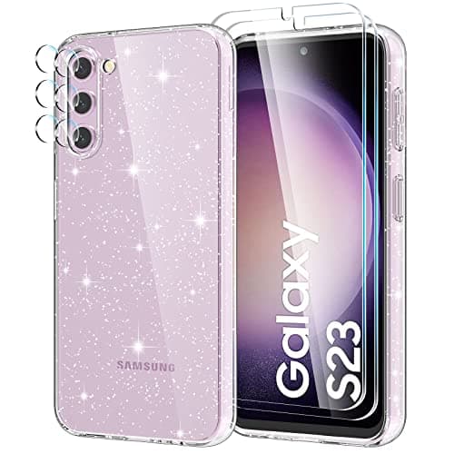 Image of YIRSUR Glitter Clear Case Compatible with Samsung Galaxy S23 5G with 2 Pack Screen Protector with 2 Pack Camera Lens Protector, Soft TPU Bumper Anti-Scratch Shockproof Transparent Sparkly Cover