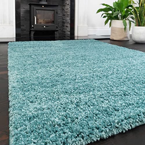 Image of Large Duck Egg Shaggy Lounge Living Room Rug Modern Light Blue Soft Plain Fluffy Bedroom Carpets Hallway Children's Mat Area Rugs 161cm x 221cm