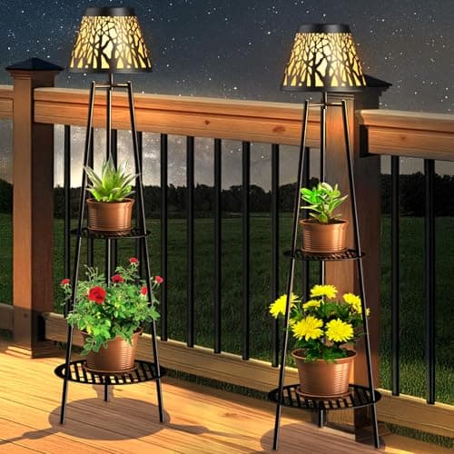 Image of Candieslife 2 Pack Outdoor Solar Lights with Plant Stands, 45.5" Metal Solar Floor Lamps Waterproof Solar Garden Lights for Patio Deck Yard Garden Porch Backyard Decor (Black)
