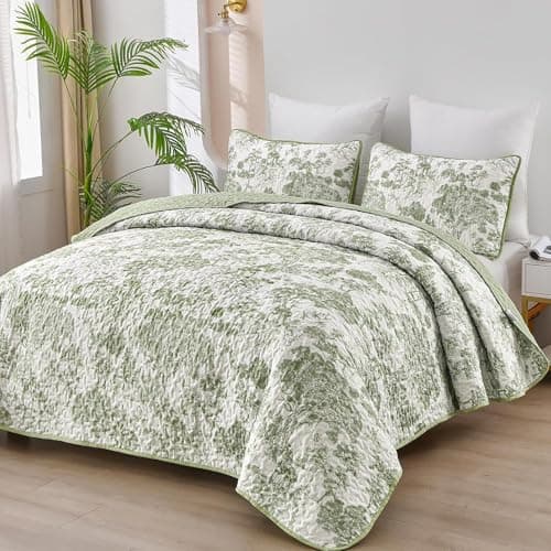 Image of WONGS BEDDING Botanical Quilt Set King, Sage Green 3 Pieces Toile Floral Plants Printed Bedspread Bedding Set Soft Lightweight Microfiber Coverlet Set for All Season (104"x90")