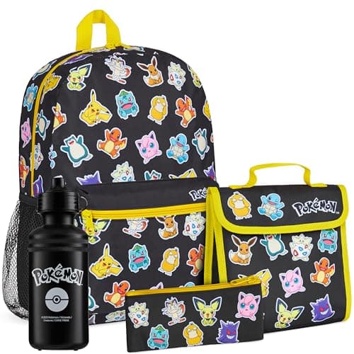 Image of Pokemon Backpack Set 4 Pcs Water Bottle Backpack Pencil Case Insulated Lunch Bag or Wallet Anime School Supplies Travel (Black/Multi 4 Pcs Set)