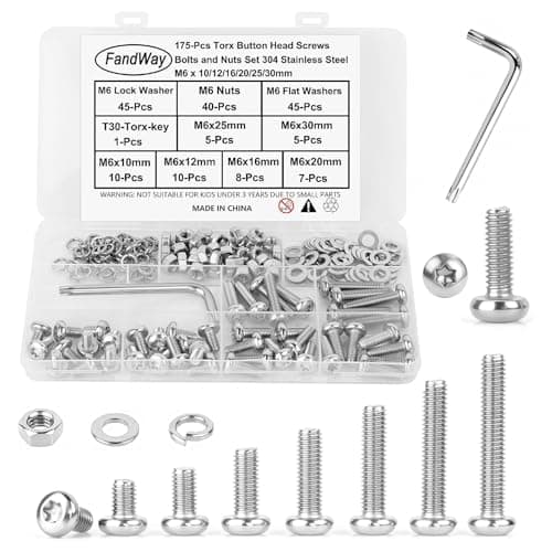 Image of 175Pcs M6 Torx Bolts and Nuts Set,Button Head Torx Bolts Screws,Pan Head Machine Screws,Security Anti-Theft Screw,304 Stainless Steel,Full Thread Pitch : 1.0 mm With T30 Wrench.