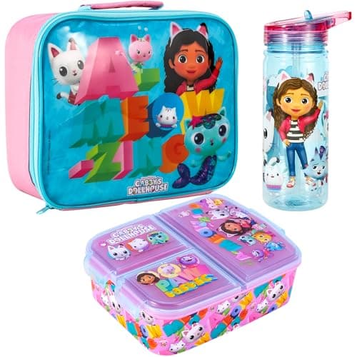 Image of Zawadi Global Kids Childrens Lunch Box Set – Insulated Lunch Bag, Multicompartment Lunch Box & 540ml Water Bottle - School Travel Lunch Food Set, BPA Free (Gabby's Dollhouse)