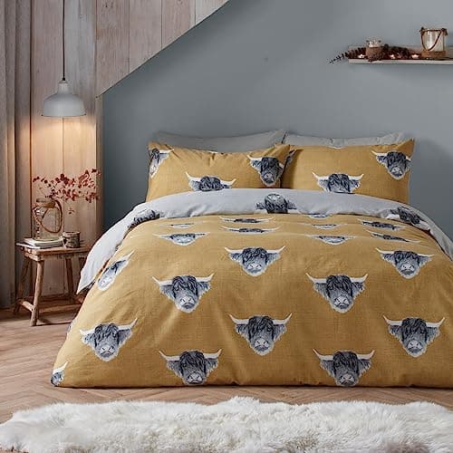 Image of Fusion - Highland Cow Ochre Duvet Cover - Super King Size Bed Linen (260 x 220 cm) - Reversible Design (Ocher and Grey) - Farm Bedding in Mustard Yellow - Highland Cow Gifts