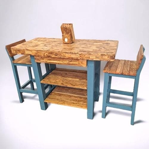 Image of Handcrafted Olive Wood Butcher Block Kitchen Dining Table with 2 Chairs – Scratchproof Set with Storage Drawers & Shelves – Ideal for Kitchen or Dining Room Furniture, Rustic & Durable