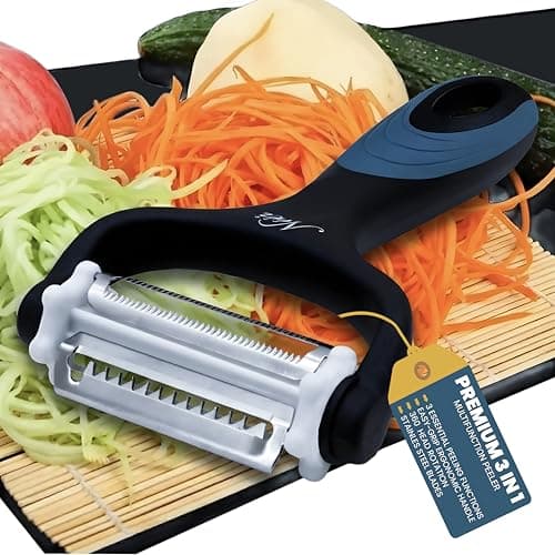 Image of NEEZ 3 in 1 Vegetable Peeler - Fruit, Apple, Carrots, Cucumbers, Tomatoes and Potato Peeler for Kitchens - Rubber Handles Stainless Steel Julienne Peeler - Both Hands Y Peeler (Black)