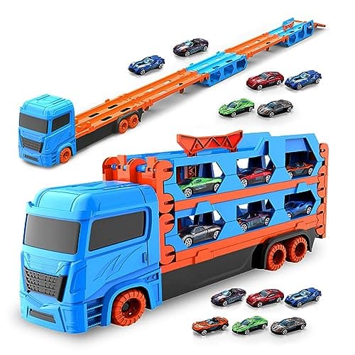 Image of MR.HOKWY Transporter Truck with Cars & Race - Portable Race Track for Boys Ages 3-6