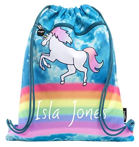 Image of Fringoo Personalised Kids Drawstring Bag with Zipped Pocket PE Bag Swimming Football Gym School Bag for Boys Girls (Unicorn Clouds)