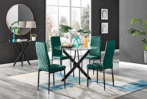 Image of Furniturebox UK Novara Black Leg Round Glass Dining Table & 4 Green Velvet Milan Black Leg Chairs