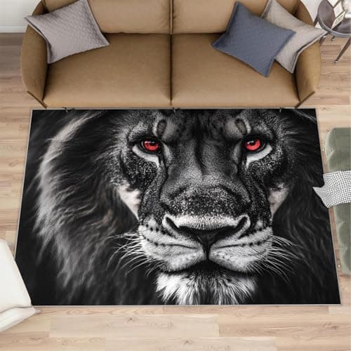 Image of Lion Rugs for Living Room, 60x110cm Wild Animals Rug Machine Washable Forest Beasts Non Slip Area Rug Soft Short Pile Floor Carpet for Bedroom Dining Room Office