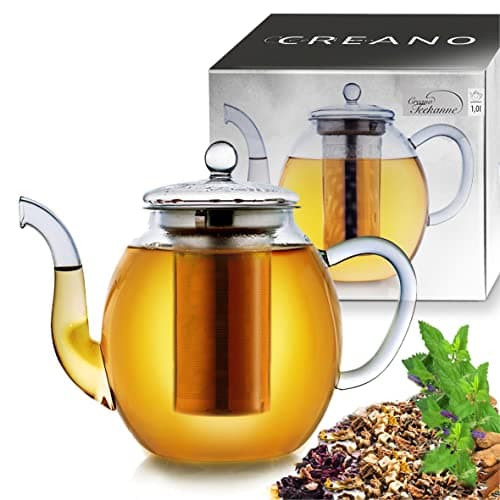Image of Creano High Glass Teapot 1.0L with Stainless Steel Filter & Glass Lid – Luxurious Vertical Borosilicate Tea Maker – Anti-Drip Spout – Small High Teapot