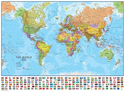 Image of Maps International - World Map with Flags - Laminated - 84.1cm (w) x 59.4cm (h) - Updated 2025