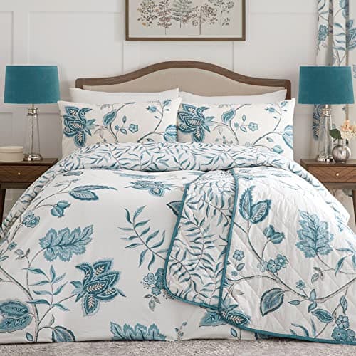 Image of Dreams & Drapes Teal Floral Duvet Cover Set – Super King Size (260 x 220cm) – Damask Turquoise Bedding – Vintage White & Blue Quilt Cover