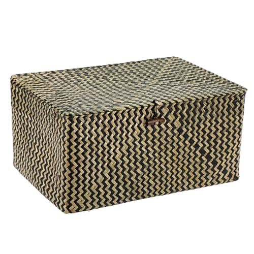 Image of IGNPION Seagrass Storage Basket with Lid Woven Wicker Desktop Baskets Bathroom Organiser Box, Living Room Decorative Under Shelf Box Multipurpose Storage Hamper (XL, Natural&Black)
