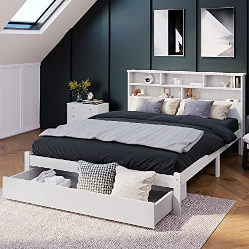 Image of Merax Double Bed Frames with Headboard Bookshelves, 5 Storage Compartments, Wooden Bed Frame with Underbed Drawer, 4FT6 Double Bed with Storage, White, 135x190cm