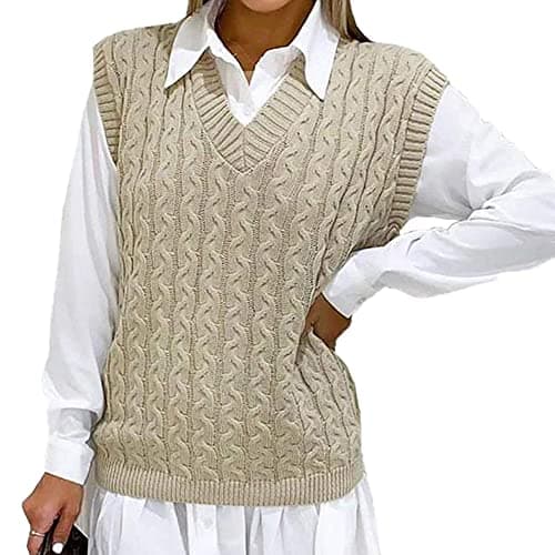Image of BESTITALIANUK Ladies Cable Knit Sleeveless Vest Women's Knitted Jumper Tank Top Winter Chunky Sweaters (Stone, 12-14)