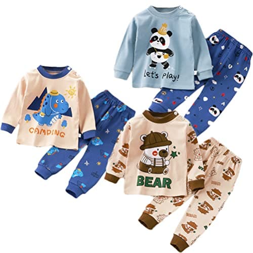 Image of XM-Amigo Boys Kids Pyjamas 3 Set Bear Astronaut Dinosaur Print Kids Pjs Pajama Long Sleeve Top Cotton Sleepewar Shirts & Pants Bottoms Nightwear Children Outfit 12-18 Months,label :80/55