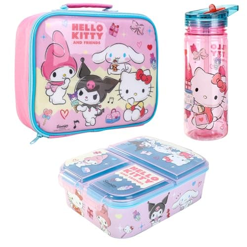 Image of Hello Kitty & Friends Kids Childrens Lunch Box Set – Insulated Lunch Bag, Multicompartment Lunch Box & 580ml Water Bottle - School Travel Lunch Food Set, BPA Free