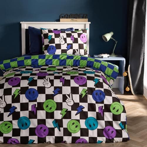 Image of OHS Checkerboard Double Duvet Set Boys Bedding, Gifts for Boys Girls Super Soft Cosy Warm Microfibre Polyester Kids Bedding Quilt Cover Reversible Kids Duvet Set with Pillowcases, Monochrome