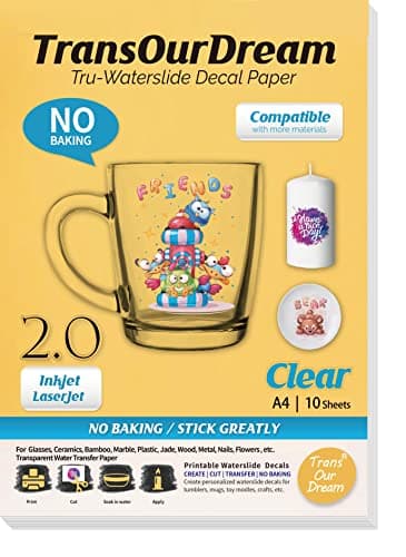 Image of TransOurDream Tru-Waterslide Decal Paper Clear 2.0 A4 10 Sheets Printable Water Transfer Paper for Inkjet & Laser Printers,Water Slide Decals Transparent for Mugs,Tumblers, Candles,DIY Glasses