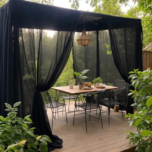 Image of SK Studio Black Outdoor Sheer Curtains for Patio Waterproof 2 Panels Sheer Curtains Privacy Mesh Net Outside Curtains Rod Pocket for Gazebo, Porch, Pergola, 63W x 84L