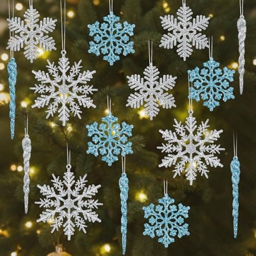 Image of Kiiwah 22Pcs Christmas Tree Hanging Decorations, Glitter Snowflake Icicle Ornaments with Silver Line, Hanging Snowflake Icicles Pendants for Christmas Tree Decorations Party Holiday Winter Decor