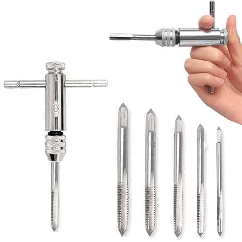Image of Kulannder T-Handle Ratchet Tap Holder Wrench Adjustable T Type One-Hand Ratchet Wrench Tapping Threading Tool Set with 3mm 4mm 5mm 6mm 8mm M3-M8 Machine Screw Thread HSS Metric Plug Tap