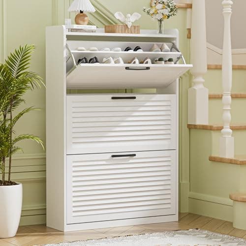 Image of BonVache Shoe Storage Cabinet, Shoe Organizer Cabinet with 3 Flip Louvered Doors, Narrow Wooden Shoe Rack Cabinet with Adjustable Dividers For Hallway, Entreway, Living Room,White