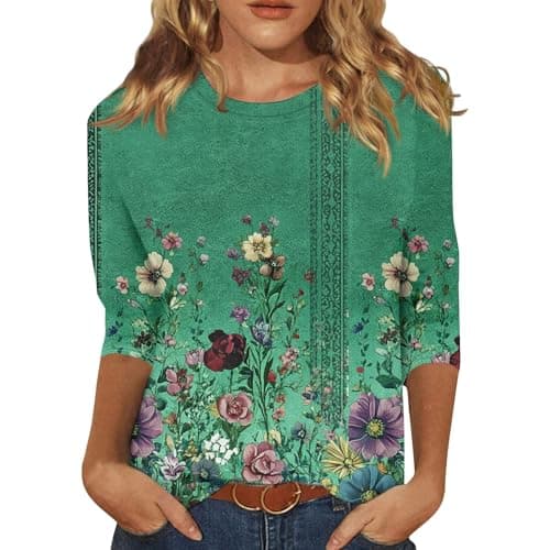 Image of Tops for Women 3/4 Sleeve Summer T-Shirts Casual Round Neck Elegant Shirts Ladies Plus Size Floral Printed Fashion Spring Blouses Three Quarter Sleeve Tops UK 13-Dark Green M
