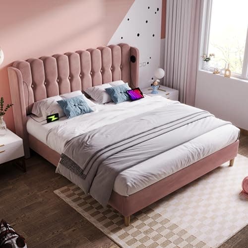 Image of Merax 4ft6 Upholstered Double Bed Frame Pink Velvet Bed with USB & Type-C Charging Ports,135x190 cm Teenager Bed with Wooden Slatted Frame for Bedroom & Guest Room (No Mattress)
