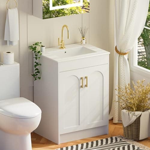 Image of Mepplzian Bathroom Vanity Unit with Basin Ceramic Sink,White Floor Standing Under Sink Bathroom Cabinet,Cloakroom bathroom under sink cabinet,2 Door Soft Close Bathroom Storage Cabinet,Narrow,600 mm