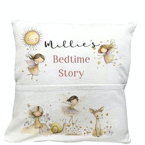 Image of Personalised Golden Woodland Fairies Kids Reading Pillow, Soft Nursery Pocket Cushion, Dancing Fairy Book Holder Pocket, Bedtime Stories Birthday gift
