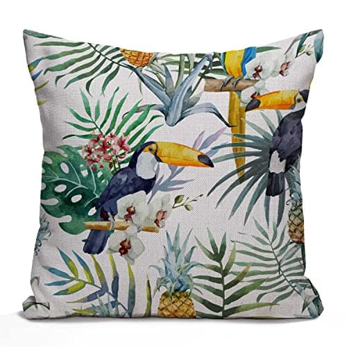 Image of Tomda Tropical Summer Pineapple Parrot Bird Watercolor Cotton Linen Cushion Cover Home Decorative Throw Pillow Case for Sofa Couch Bedding 45x45cm 18x18 Inch