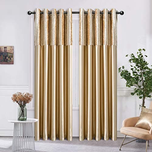 Image of ROOEE Crushed Velvet Faux Silk Curtains - Eyelet Ring Top and Fully Lined (Champagne Gold, 46" Wide x 54" Drop)