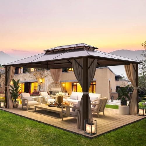 Image of MELLCOM Hardtop Gazebo 4 X 3 m Outdoor Double Polycarbonate Roof Gazebo Garden Pavilion Canopy with Nettings, Curtains and Aluminum Frames for Patio, Backyard and Lawn