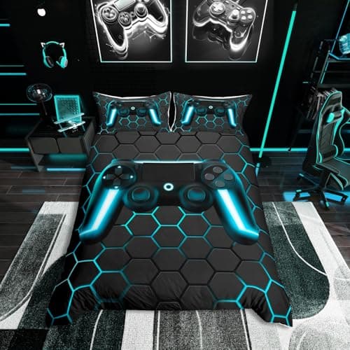 Image of Homewish Boys Gamer Comforter Cover Honeycomb Geometric Bedding Sets Neon Lights Gamepad Gaming Duvet Cover Set For Kids Teen Youth Man Hexagon Beehive Quilt Cover With 2 Pillow Cases King Size Blue