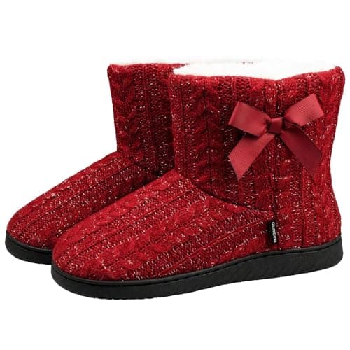 Image of GURGER Slipper Boots Women Booties Ladies Fur Lined Knit Warm Winter Home House Shoes Hard Sole, Red 3 3.5