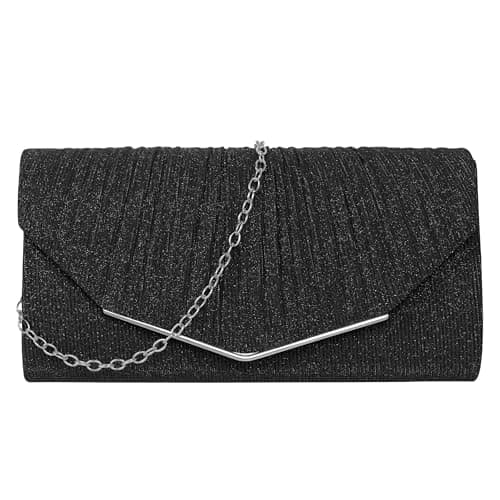 Image of Jiusely Ladies Evening Bag Sparkling Envelope Bags, Elegant Black Clutch Satin Chain Bag Small Flap Shoulder Bags for Ball Wedding Banquet Party Holiday Night Out