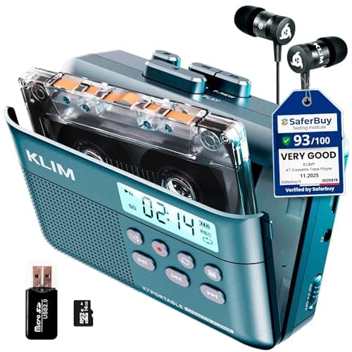 Image of KLIM K7 Cassette Tape Player - Cassette to MP3 Converter - Portable Cassette Player - Tape Recorder with Built-in Microphone & Speaker - Rechargeable Battery - Earphones - 16GB SD Card - Blue