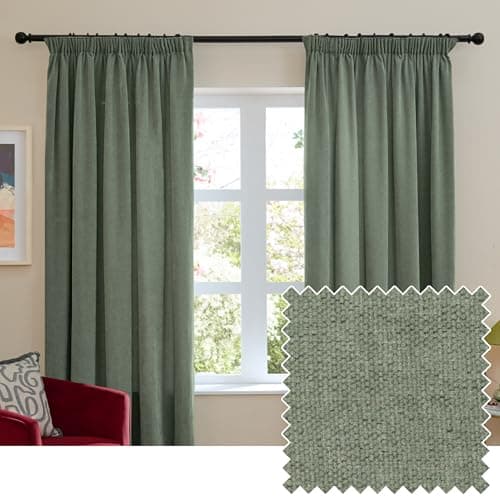 Image of furn. Soft Chenille Blackout Pencil Pleat Curtain Pair – Soft Touch Matt Textured Lined Minimalist Curtains (Green - 168x229cm)