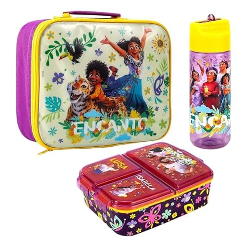 Image of Zawadi Global Kids Childrens Lunch Box Set – Insulated Lunch Bag, Multicompartment Lunch Box & 580ml Water Bottle - School Travel Lunch Food Set, BPA Free (Encanto)