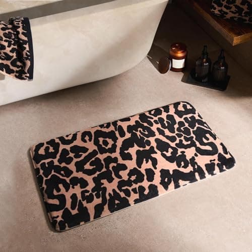 Image of OHS Bath Mat For Bathroom Leopard Print Non Slip Bath Mat, Soft Super Absorbent Water Resistant Bathroom Rug Comfy Machine Washable Floor Mat, Black/Natural - 45x75cm