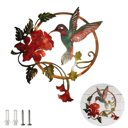 Image of AXXIMENG Round Metal Hummingbird Wall Art Decor Metal Birds Wall Art Bird Outdoor Wall Sculpture Decor Colorful Birds Wall Sculpture for Gift Present Indoor Outdoor Garden Home Decoration